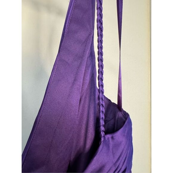 Mac Duggal NWT Ruched Top Satin Pleated Tea Length Dress in Purple Size 10 - Picture 5 of 8